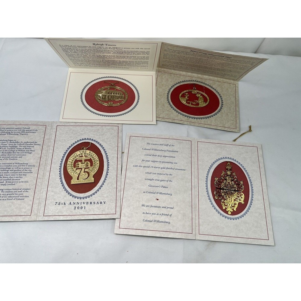 4 Colonial Williamsburg Die Cut Metal‎ 24-karat gold Finish Christmas Ornaments